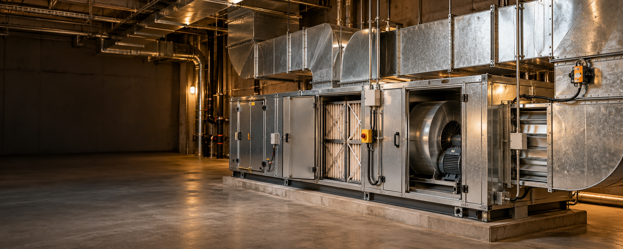 Air handling unit with filters, fan, and connected ductwork